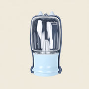 A light blue and dark gray pet water bottle with a clear cap, shown on a white background with text detailing its 320ml capacity, dimensions, and weight.