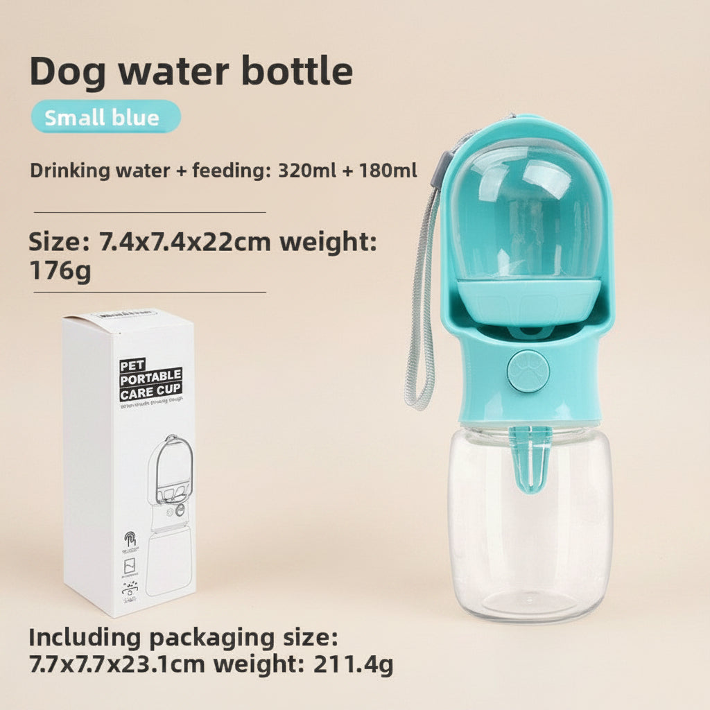 Dog water bottle with packaging on a white background