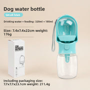 Dog water bottle with packaging on a white background