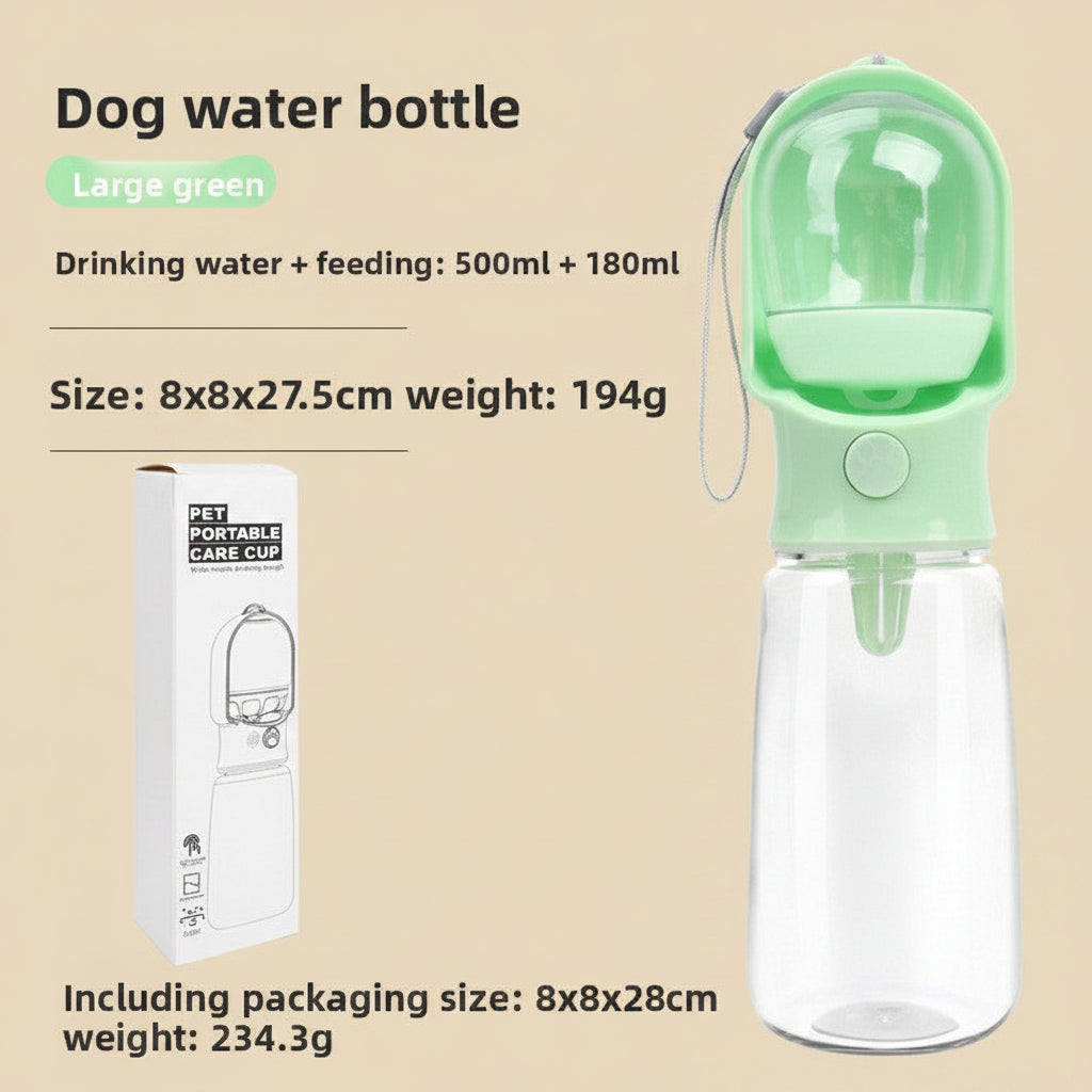 Green dog water bottle with packaging on a white background