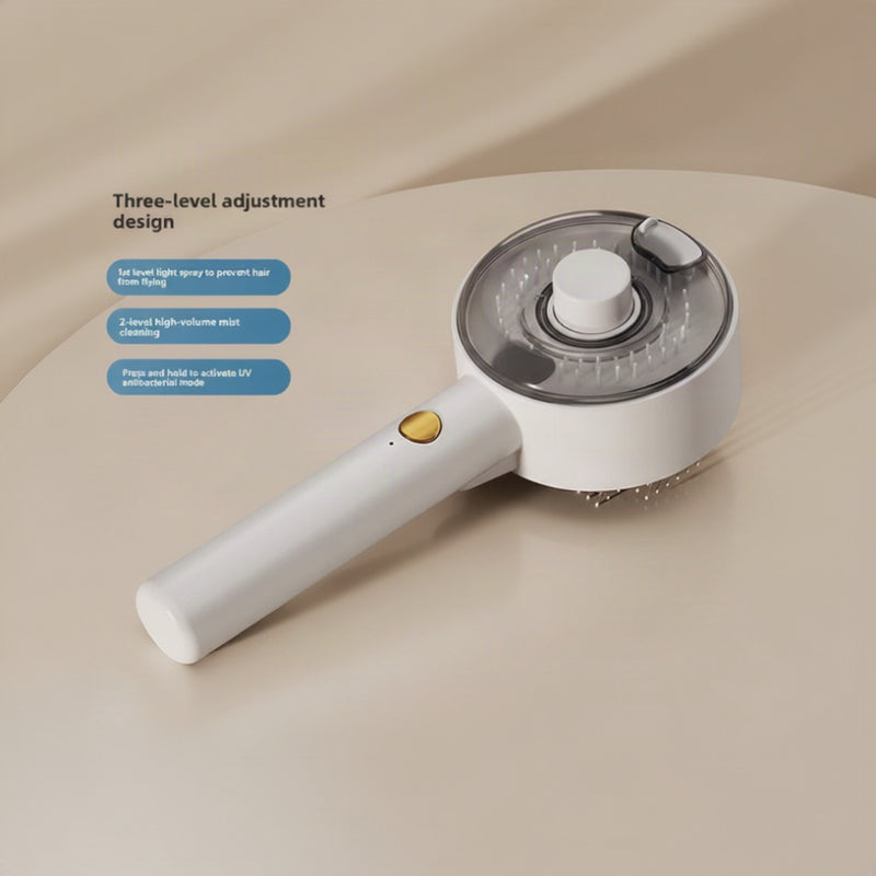 A handheld white and silver hair cleaning brush with a transparent cover, shown on a light blue background with feature callouts in Chinese. The product has a white handle, a gold button, and a circular brush head with a clear top.