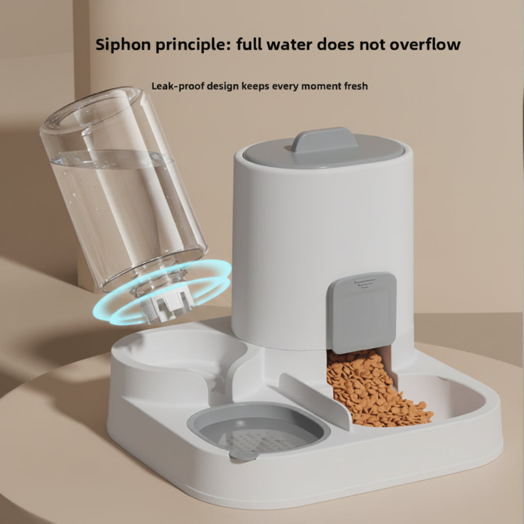 Pet feeder with water dispenser on a gray background
