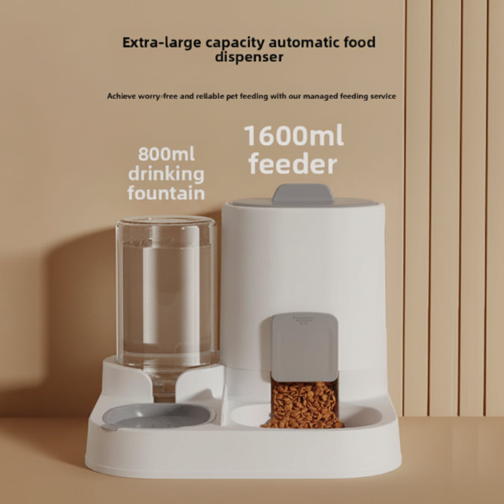 Pet feeding and drinking station with text on capacity and features.