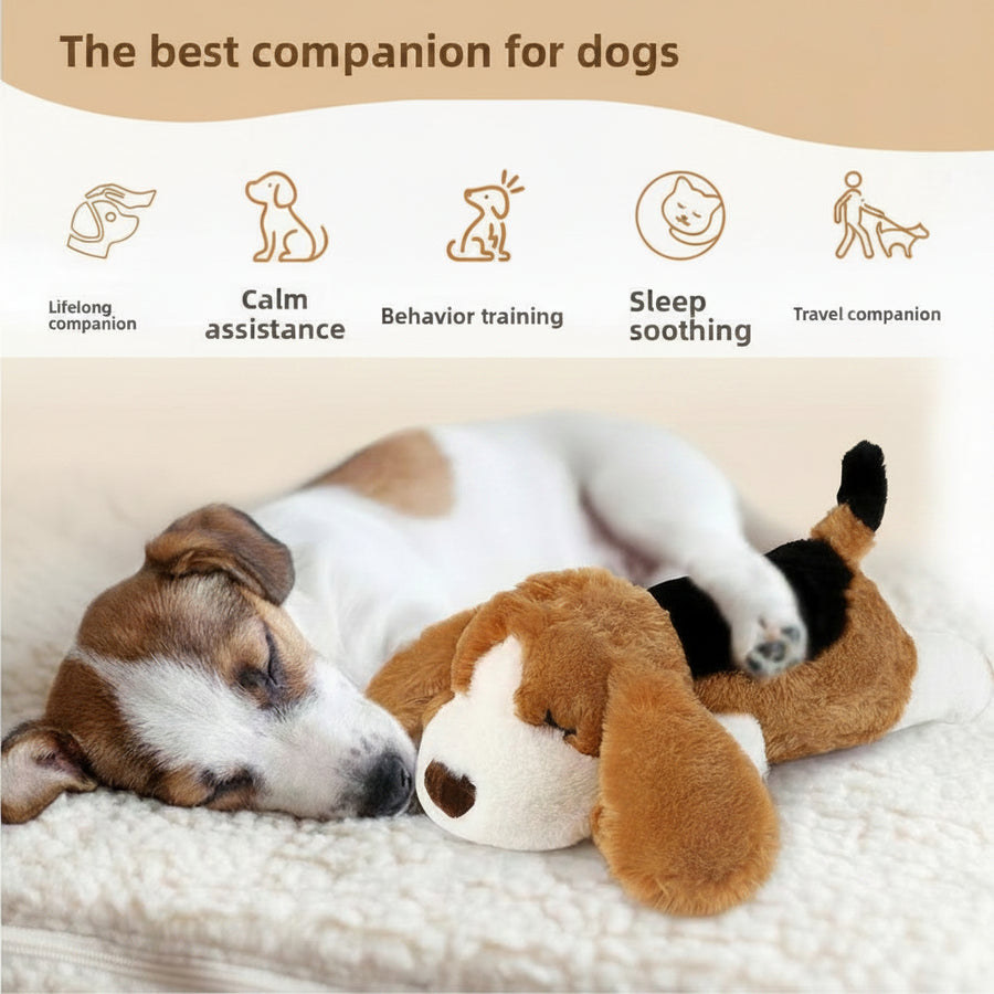 A brown and white dog sleeping peacefully next to a matching plush dog toy on a soft cream blanket. The top of the image features marketing text reading 'The best companion for dogs' with five feature icons for lifelong companion, calm assistance, behavior training, sleep soothing, and travel companion.