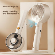 A white handheld shower head and matching stand are shown on a clean studio background with marketing text reading 'No-rinse spray', 'Deep cleaning', and 'UV antibacterial'. The shower head is angled to show the spray face and the stand is visible behind it.