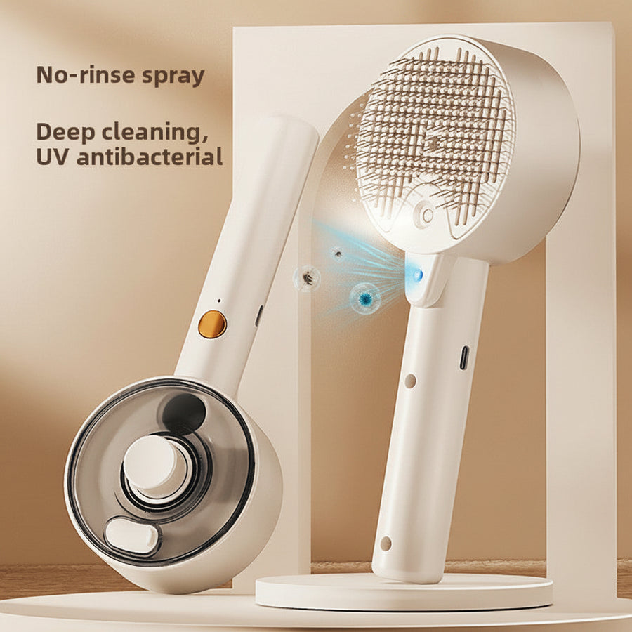 A white handheld shower head and matching stand are shown on a clean studio background with marketing text reading 'No-rinse spray', 'Deep cleaning', and 'UV antibacterial'. The shower head is angled to show the spray face and the stand is visible behind it.