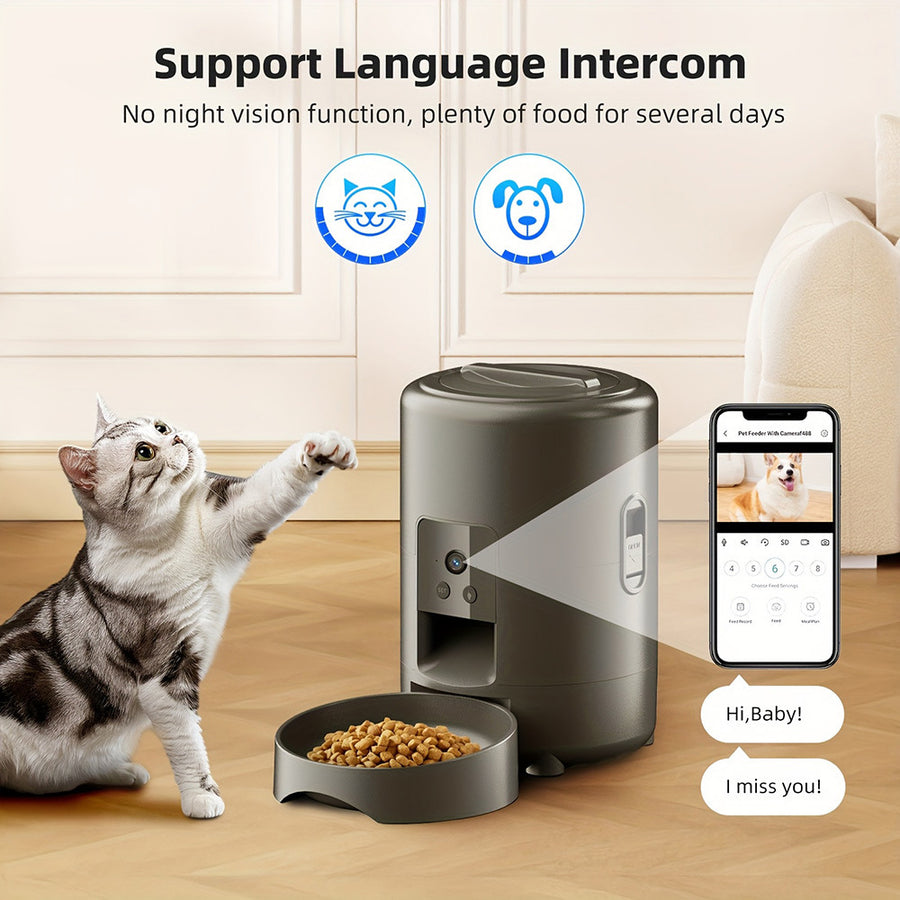 Smart pet feeder with a cat reaching for food, smartphone app interface, and text about language intercom and food duration.