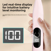 Hand holding a device with a digital display showing battery level, text about real-time battery monitoring.