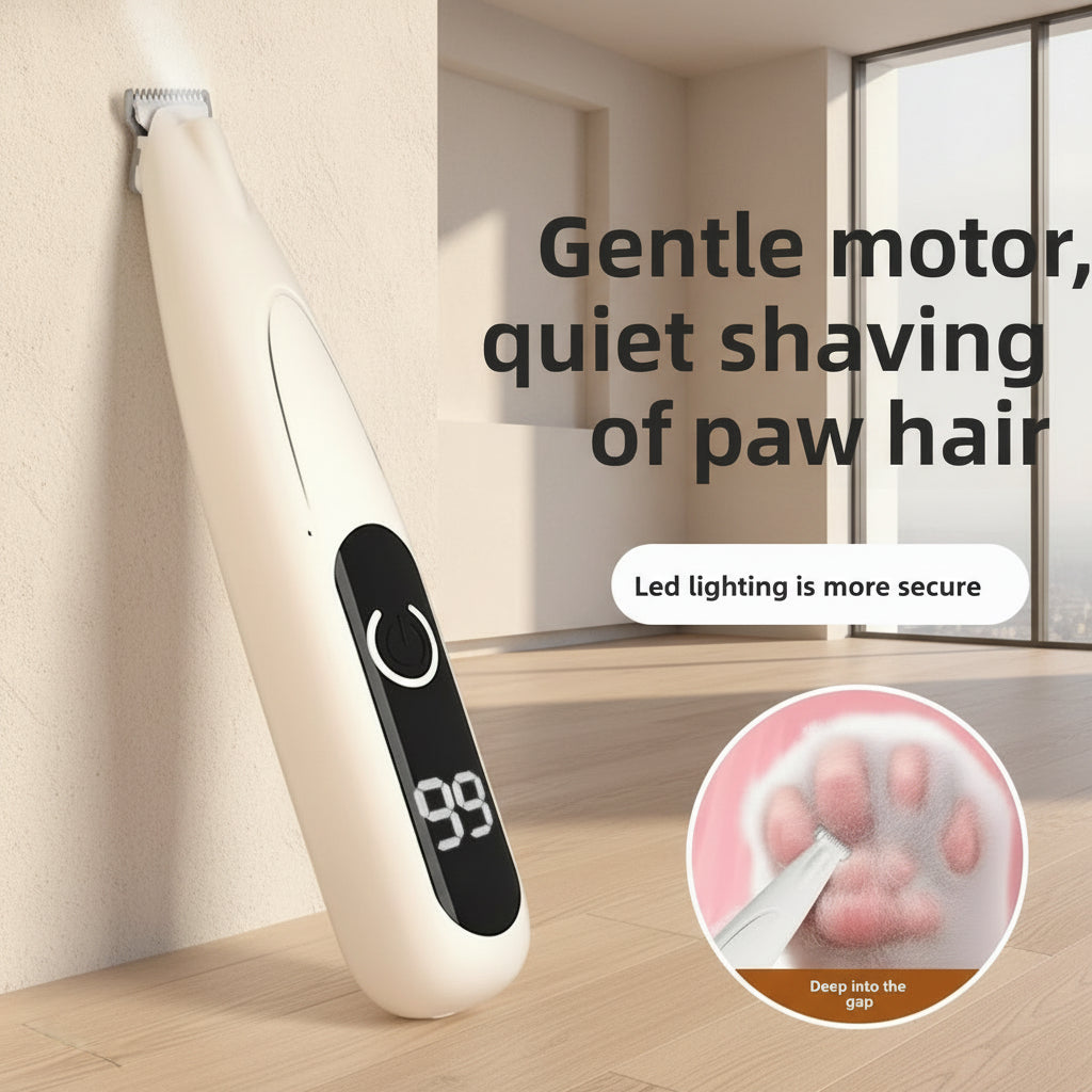 A white electric foot hair trimmer shown against a warm peach background with promotional text reading 'Gentle bass, quiet shaving of foot hair' and a circular inset showing a close-up of the trimmer in use.