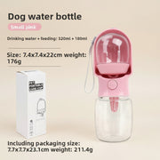 Pink dog water bottle with packaging on a white background