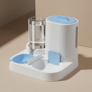 Pet feeder and water dispenser with blue accents on a gray background