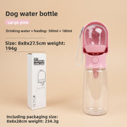 Pink dog water bottle with packaging on a white background