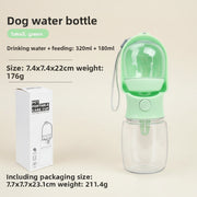 Green dog water bottle with packaging on a white background