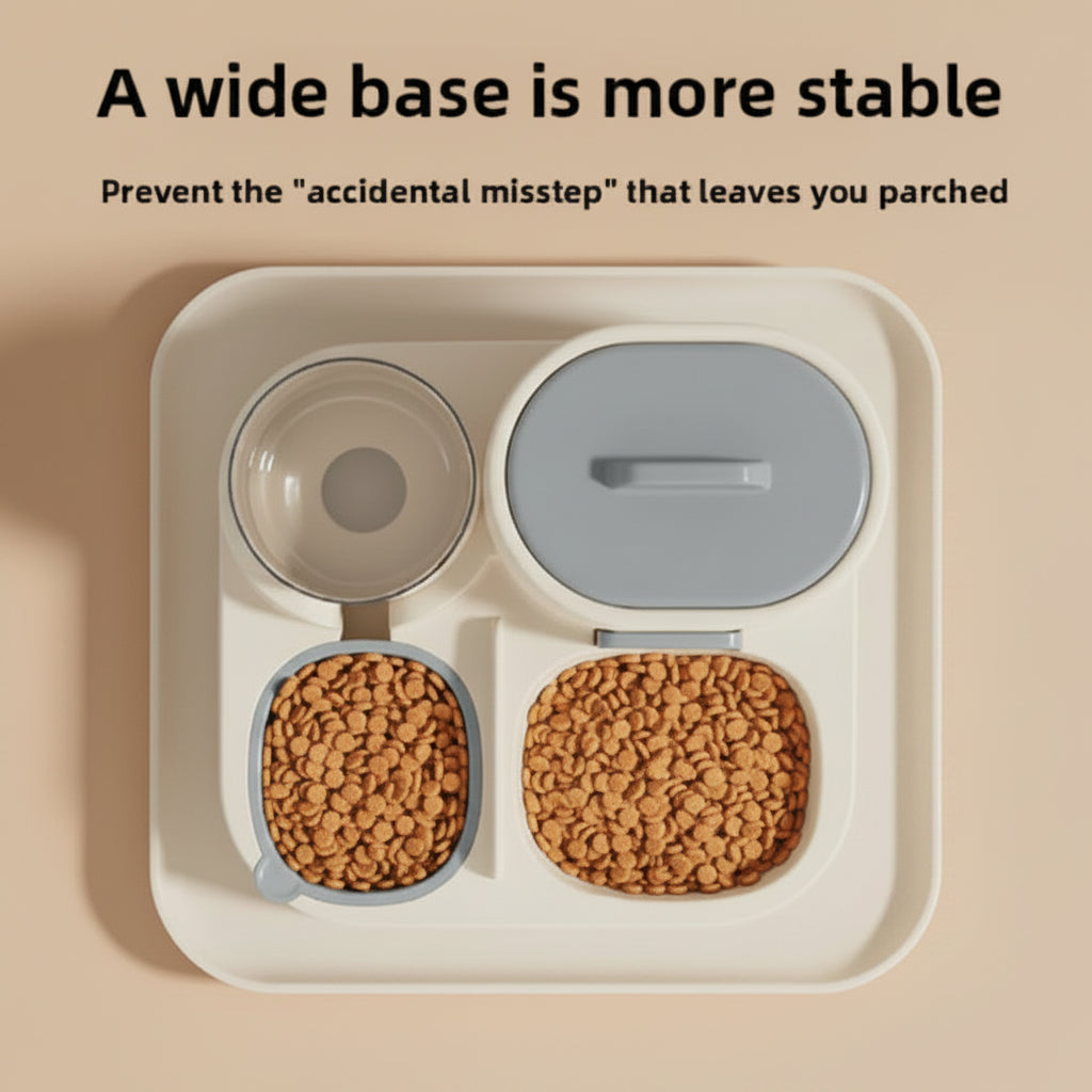 Top-down view of a pet feeder with two bowls and a粮 compartment, shown with marketing text above on a gray background.